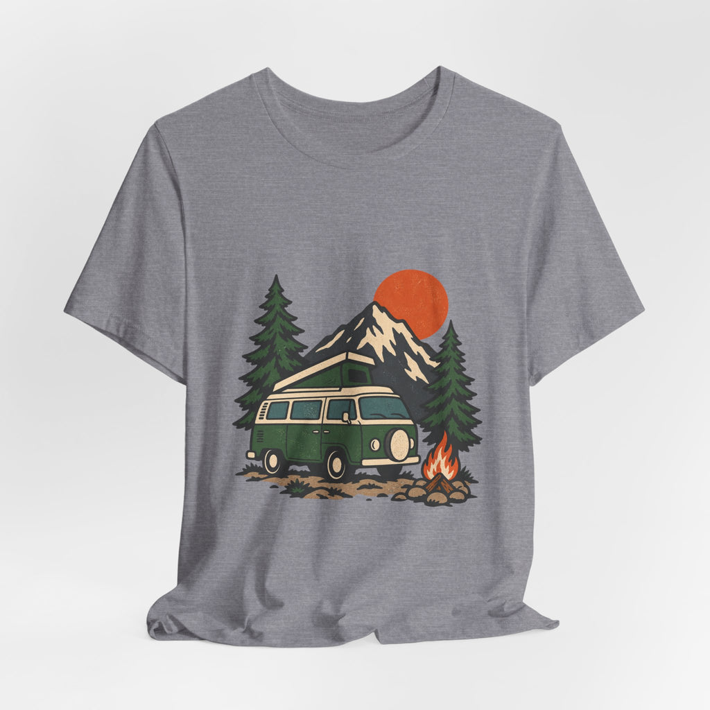 Retro Camper Van Camping T-Shirt — Mountain Road Trip & Campfire Adventure Tee