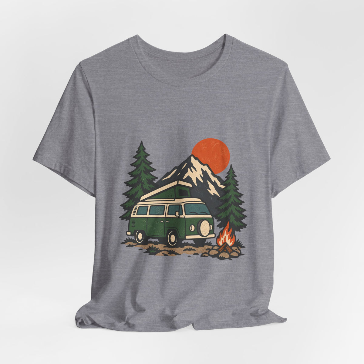 Retro Camper Van Camping T-Shirt — Mountain Road Trip & Campfire Adventure Tee