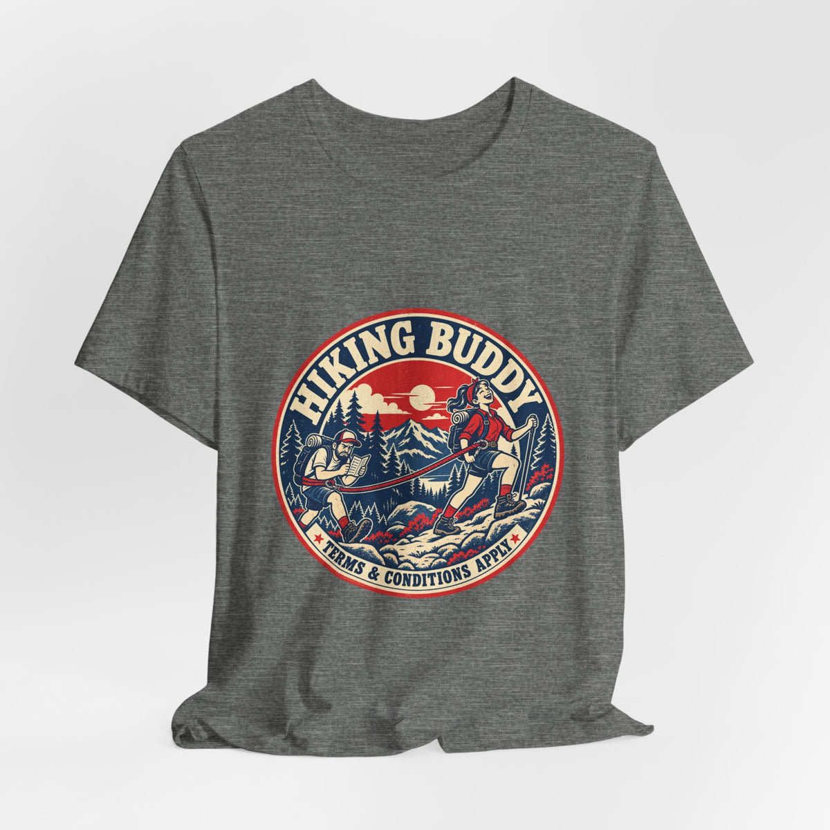 Hiking Buddy T-Shirt — Vintage Mountain Trekking Tee with Terms & Conditions Apply