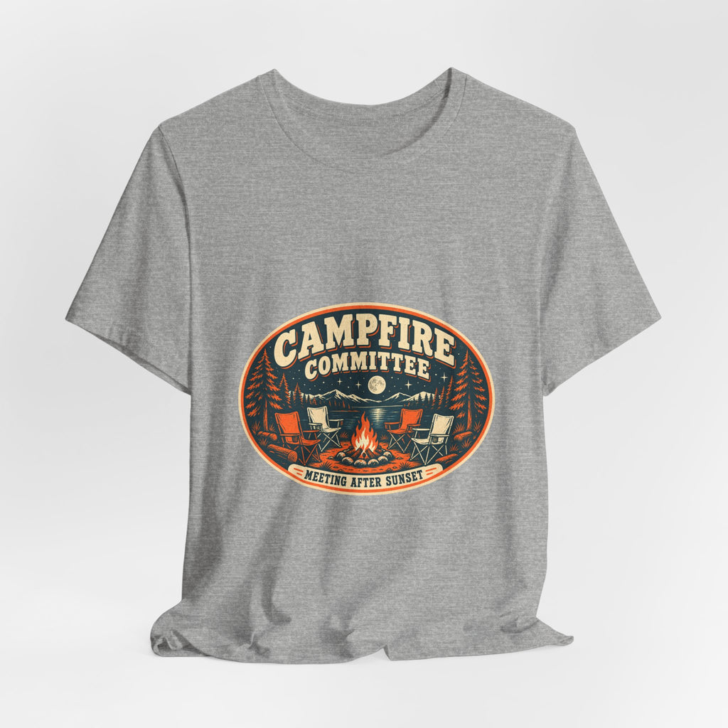 Campfire Committee T-Shirt — Meeting After Sunset Vintage Camping Badge Tee