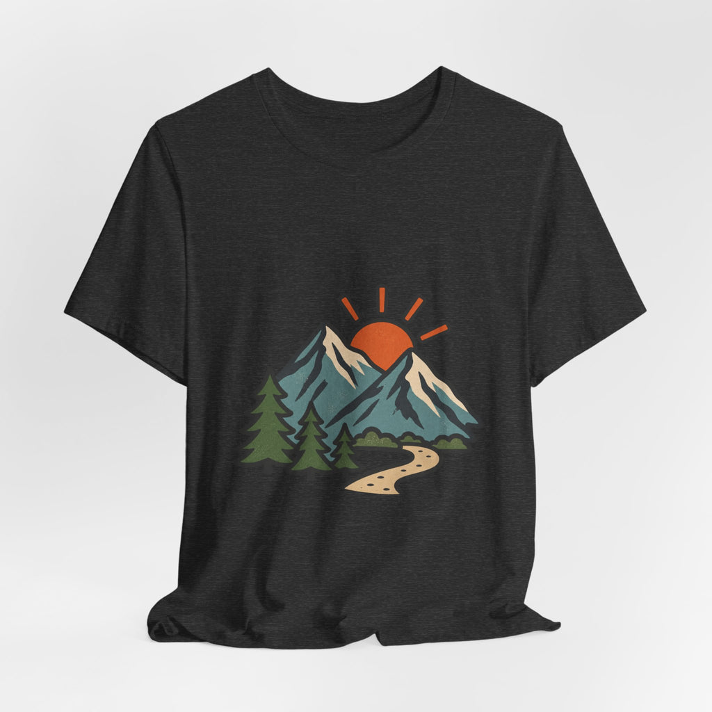 Vintage Mountain Sunrise T-Shirt — Retro Pine Trees, Scenic Hiking Trail & Outdoor Adventure Tee