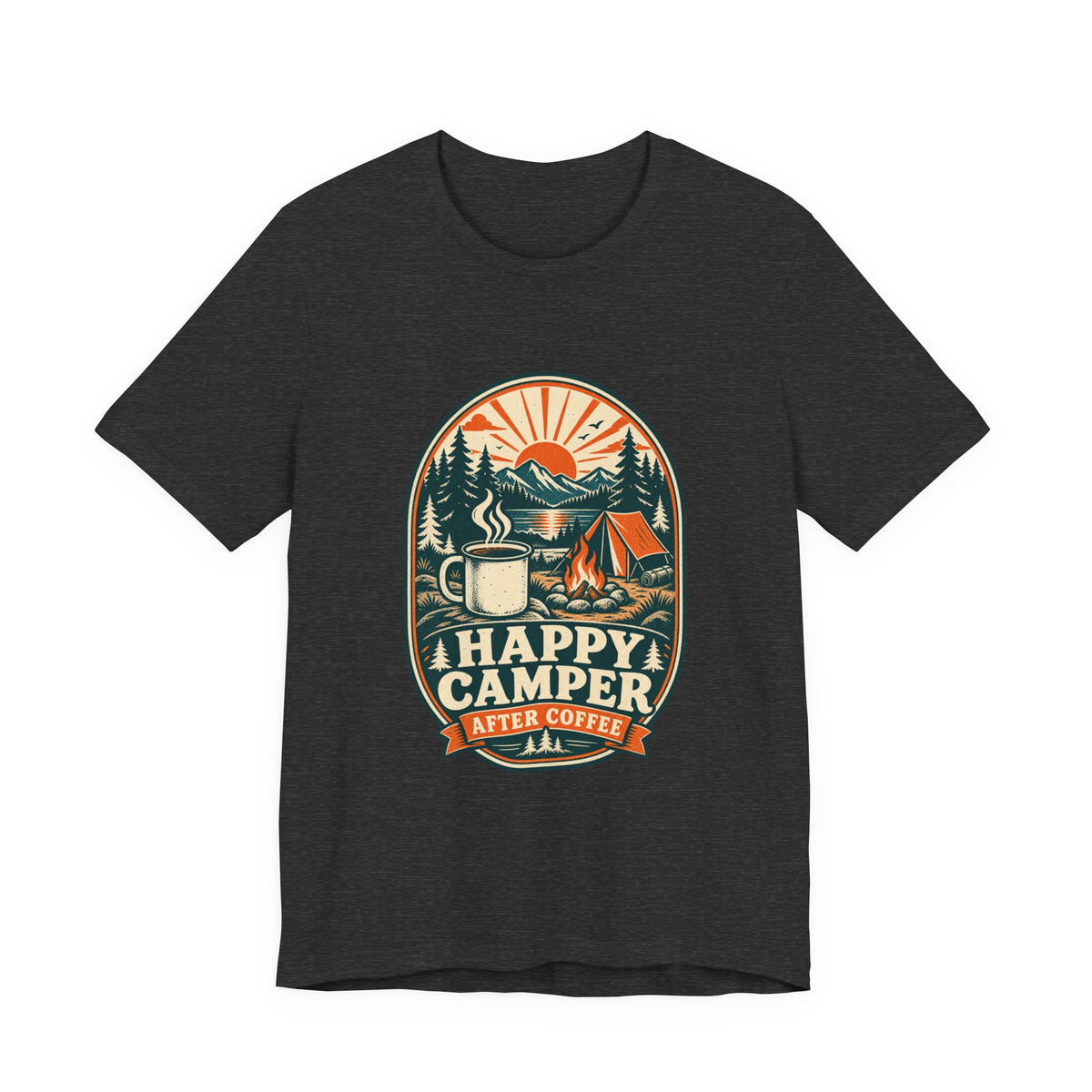 Happy Camper After Coffee T-Shirt — Vintage Camping Mug, Campfire & Mountain Tee