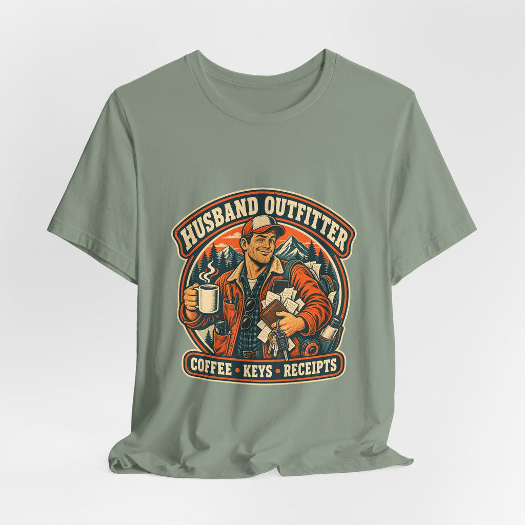 Husband Outfitter Coffee Keys Receipts T-Shirt — Retro Multitasker Husband Humor Tee