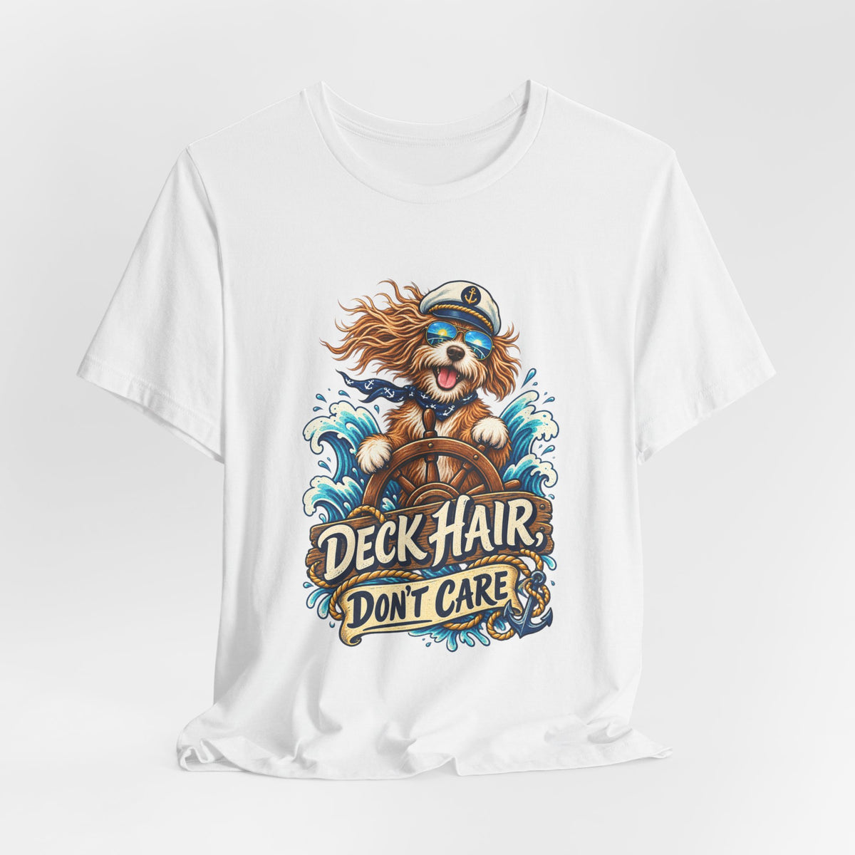 Deck Hair Don’t Care Dog Sailor T-Shirt — Funny Nautical Sea Dog Vintage Tee