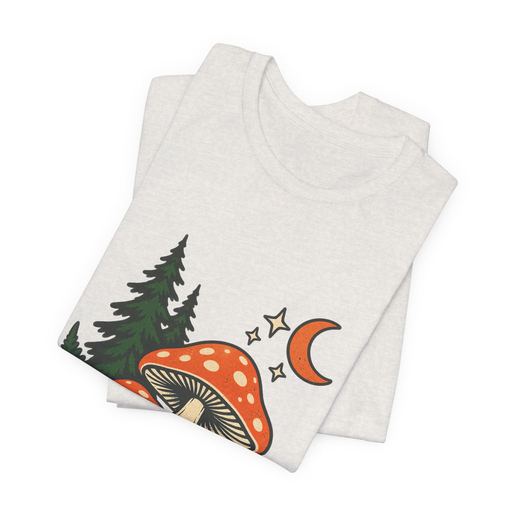 Vintage Mushroom Moon T-Shirt — Enchanted Forest Fungi Night Design