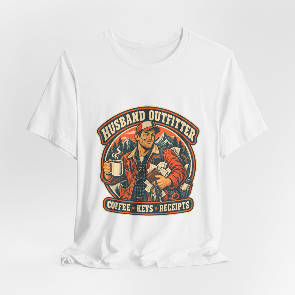 Husband Outfitter Coffee Keys Receipts T-Shirt — Retro Multitasker Husband Humor Tee