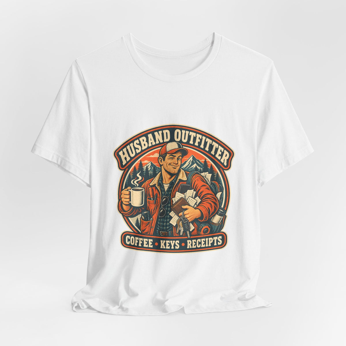 Husband Outfitter Coffee Keys Receipts T-Shirt — Retro Multitasker Husband Humor Tee