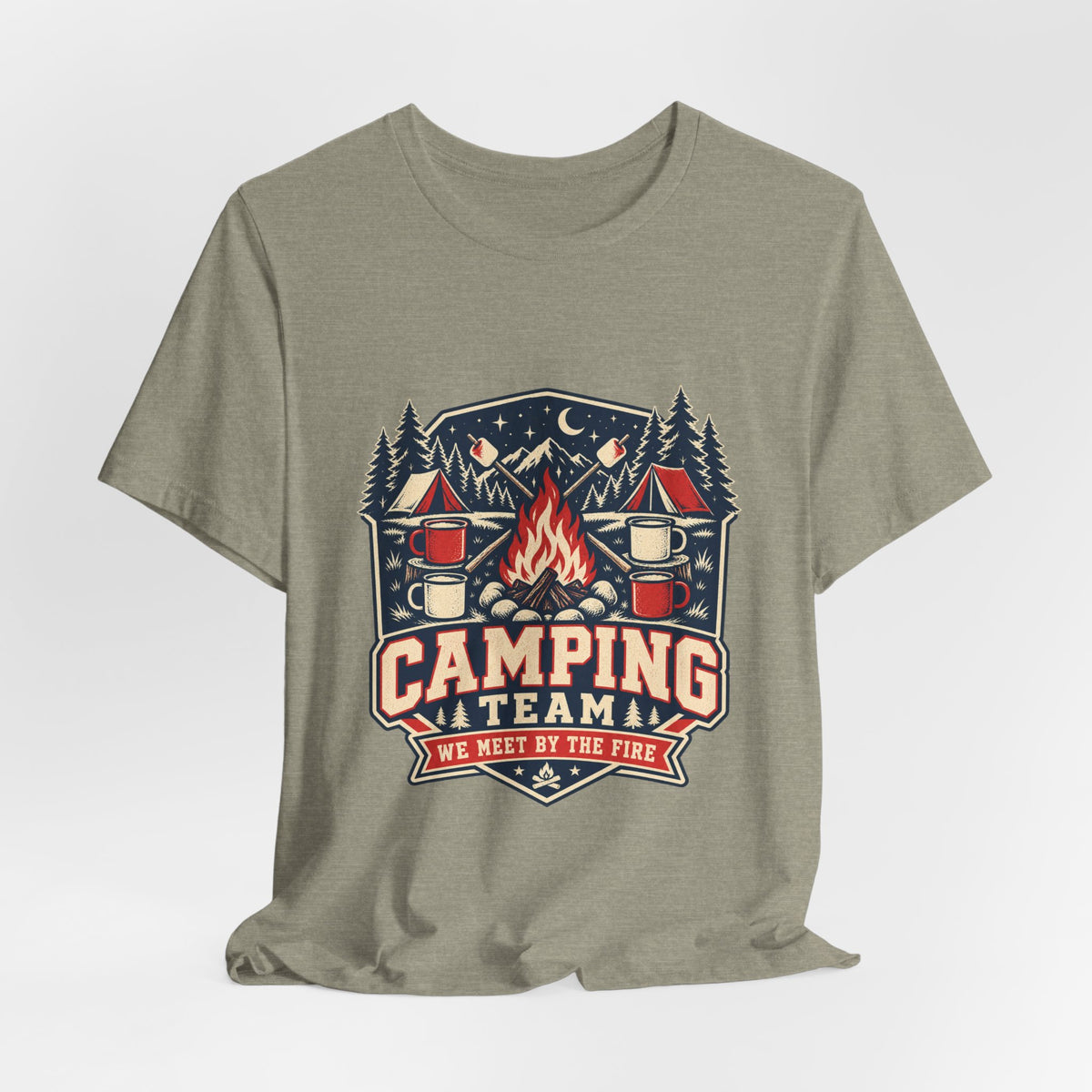 Camping Team T-Shirt — Vintage Campfire Adventure Tee with “We Meet by the Fire”