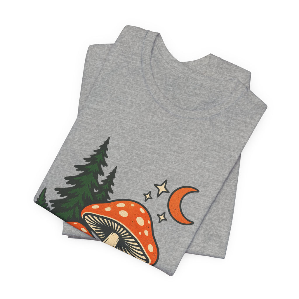 Vintage Mushroom Moon T-Shirt — Enchanted Forest Fungi Night Design