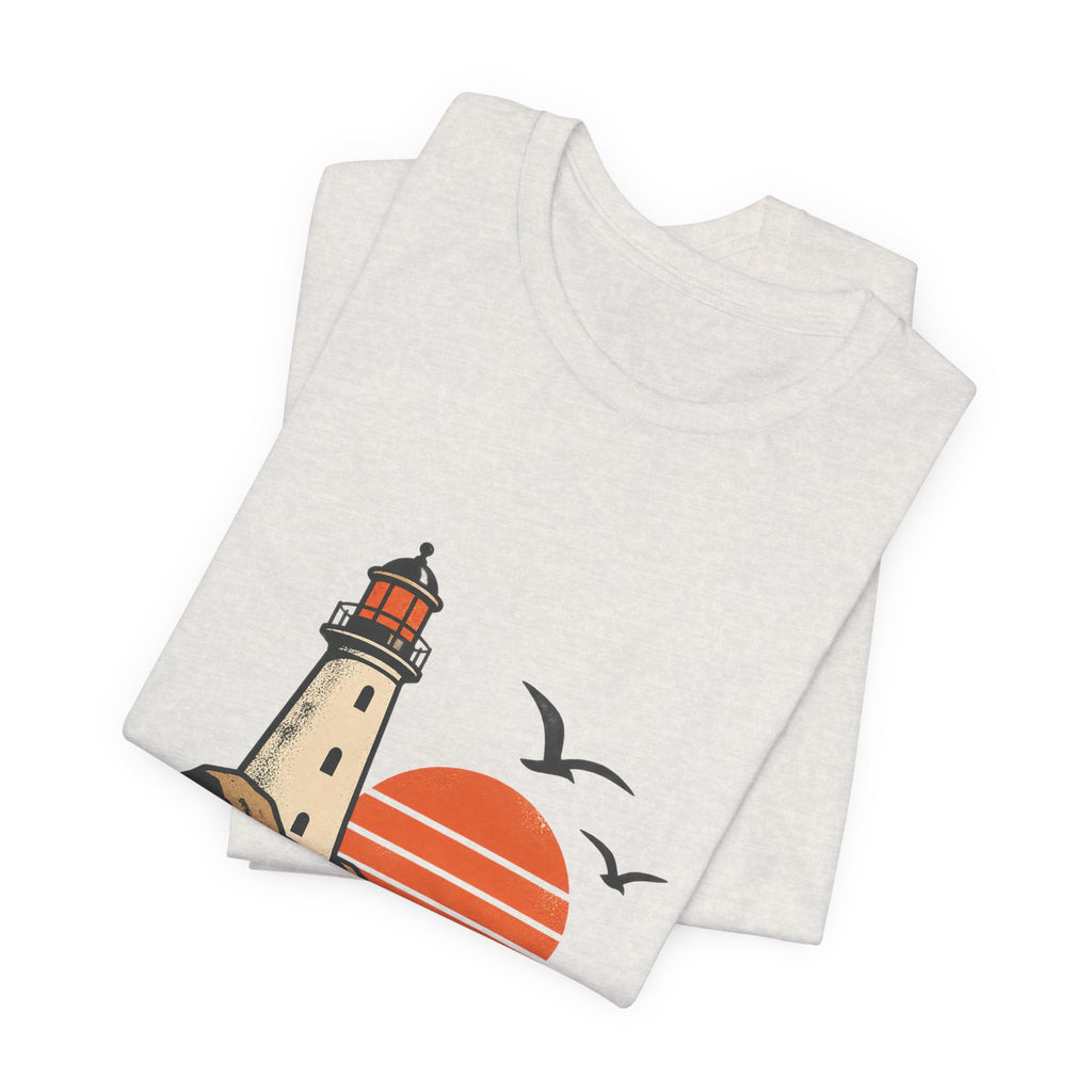 Vintage Coastal Lighthouse Sunset T-Shirt — Ocean Waves, Seagulls & Seaside Adventure
