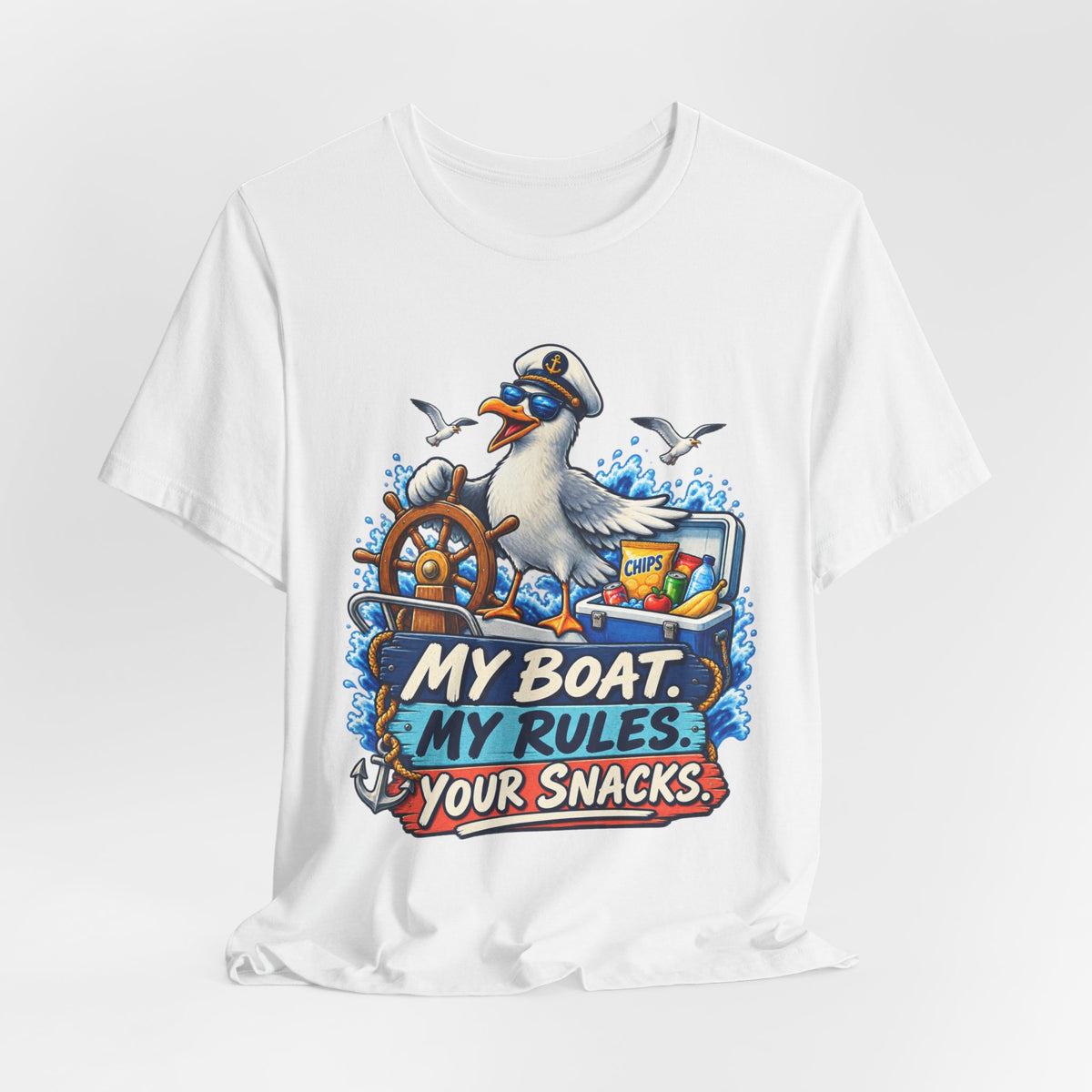 My Boat My Rules Your Snacks T-Shirt — Funny Nautical Seagull Captain Boating Tee