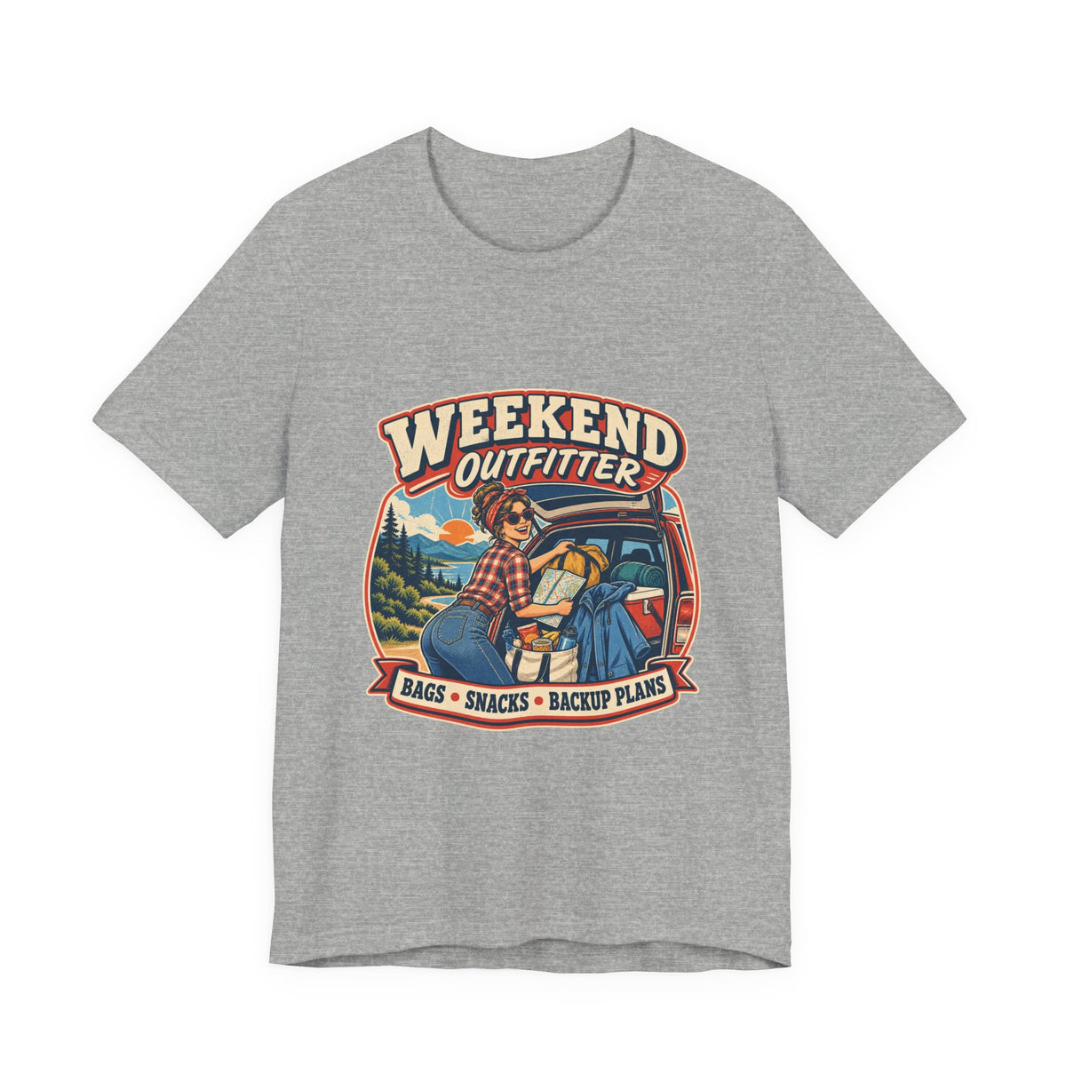 Weekend Outfitter Vintage Adventure T-Shirt — Bags Snacks Backup Plans Retro Road Trip Tee