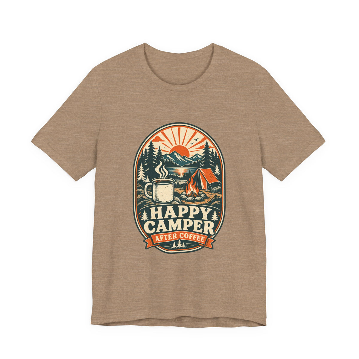 Happy Camper After Coffee T-Shirt — Vintage Camping Mug, Campfire & Mountain Tee