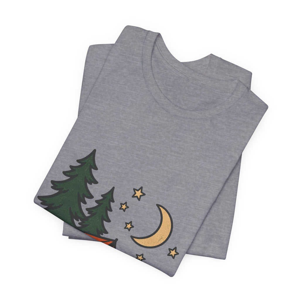 Vintage Camping Night T-Shirt with Tent, Campfire, Pine Trees, Moon and Stars