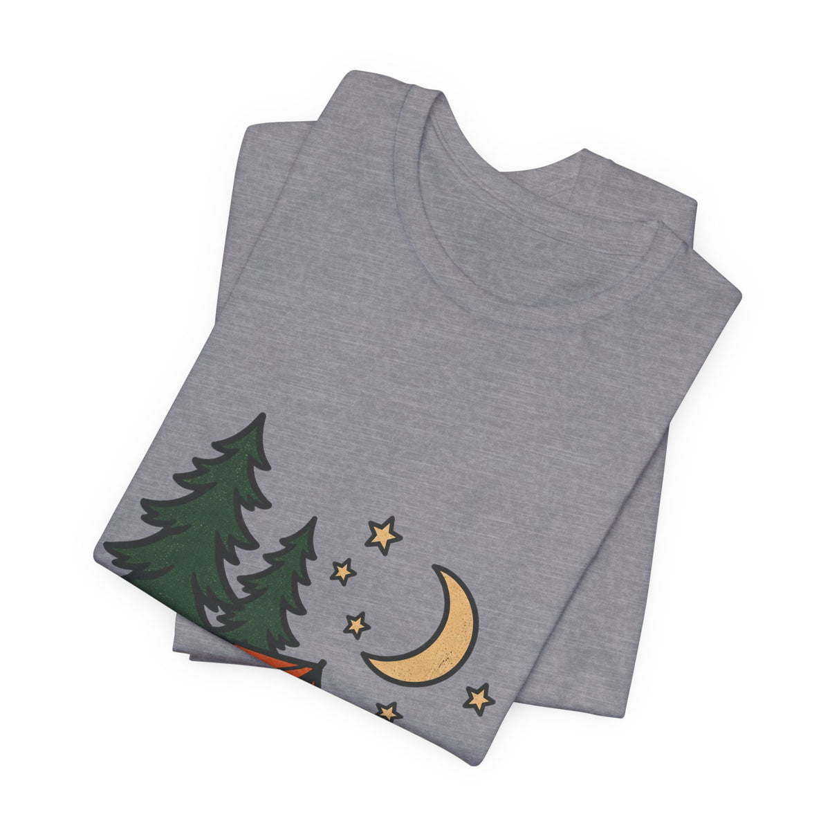 Vintage Camping Night T-Shirt with Tent, Campfire, Pine Trees, Moon and Stars