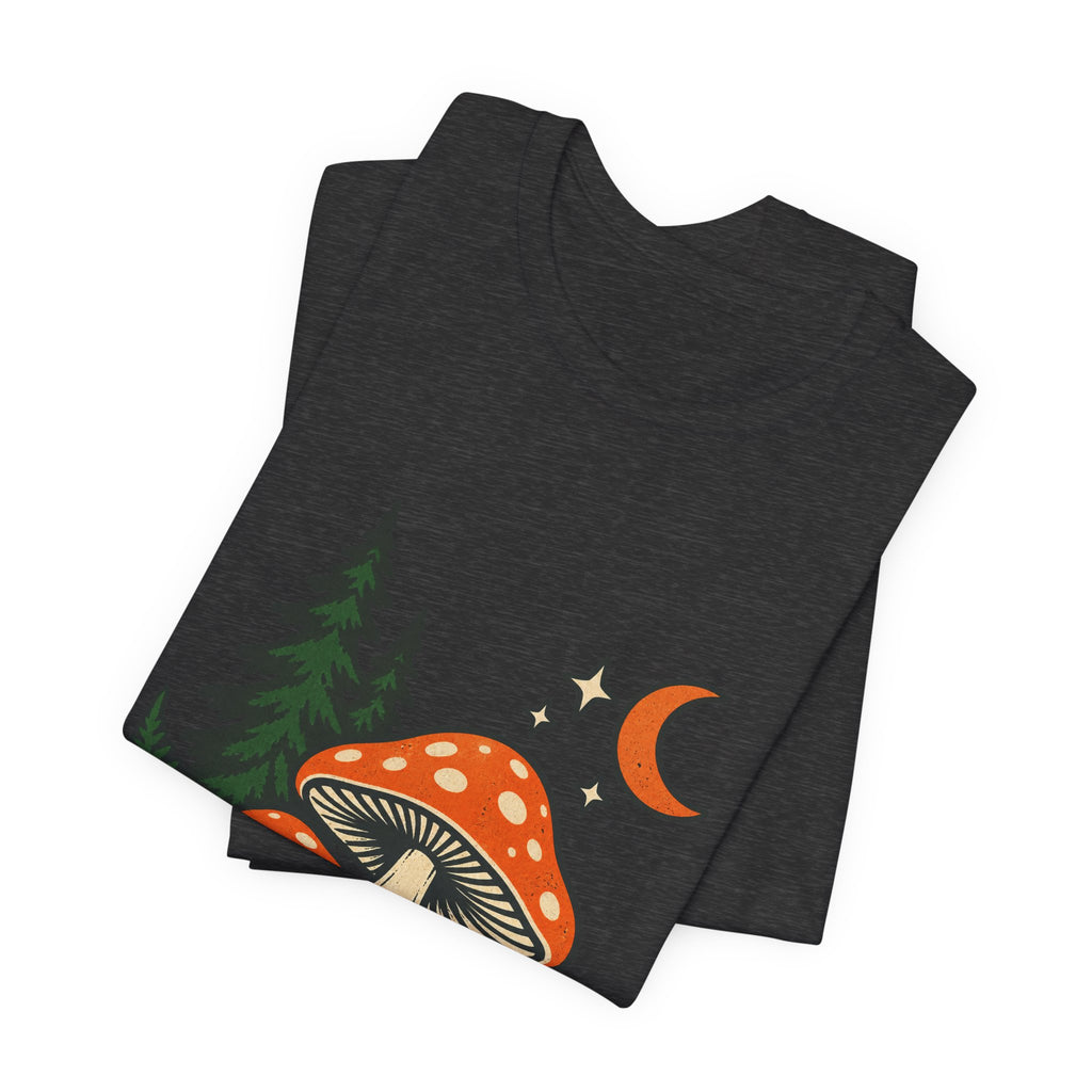 Vintage Mushroom Moon T-Shirt — Enchanted Forest Fungi Night Design