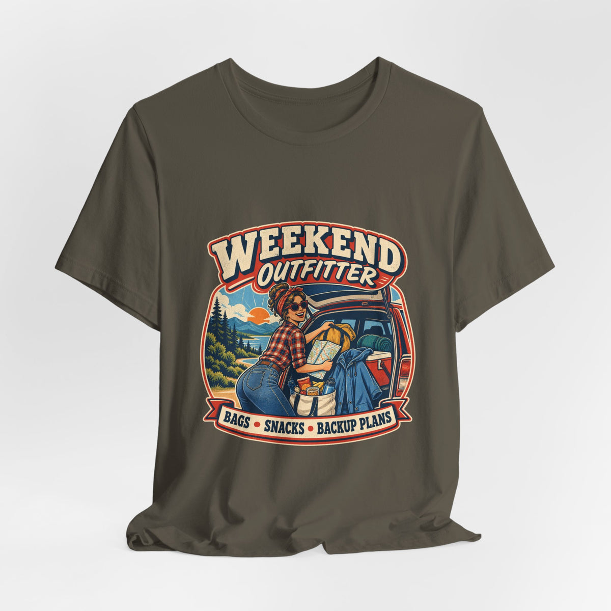 Weekend Outfitter Vintage Adventure T-Shirt — Bags Snacks Backup Plans Retro Road Trip Tee