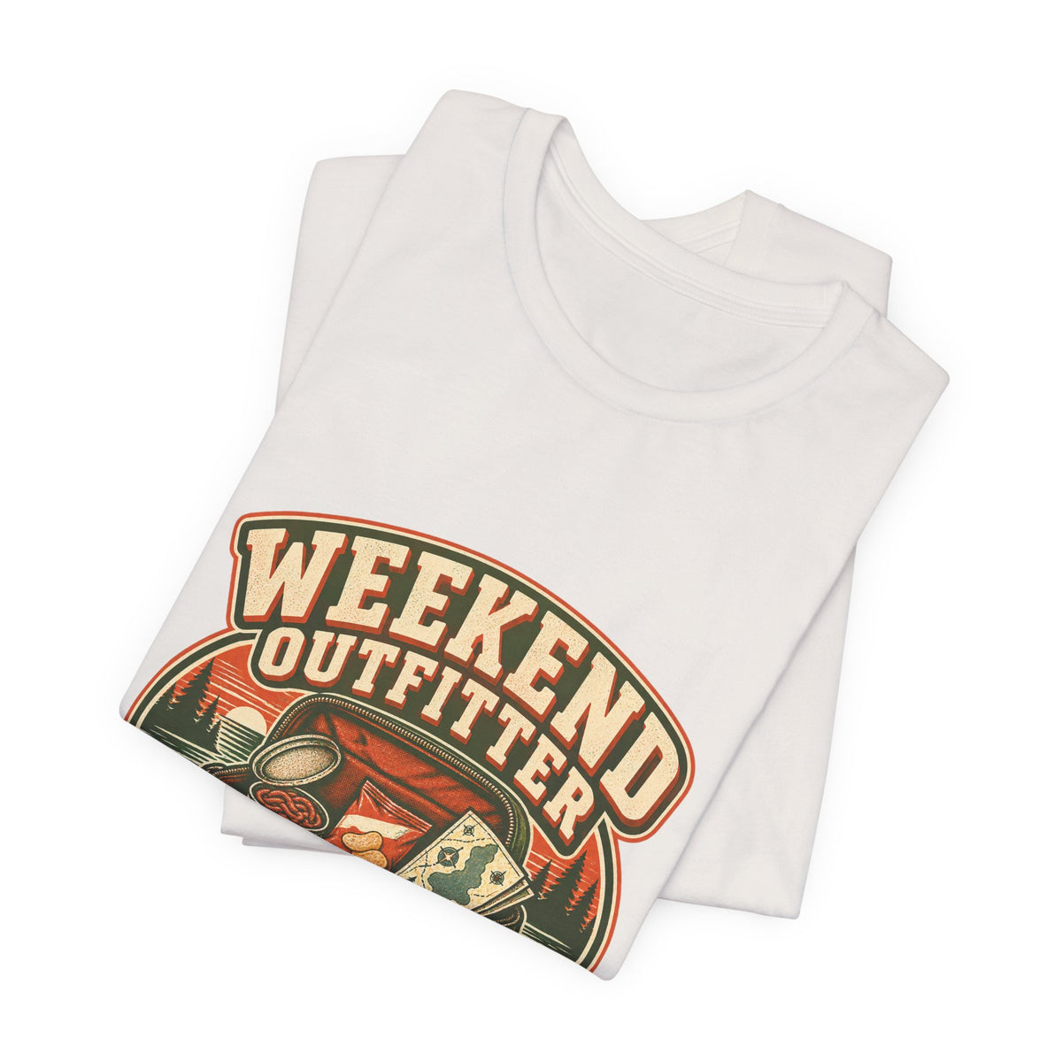 Weekend Outfitter T-Shirt — Vintage Fishing Backpack Tee with Worms, Snacks & Questionable Advice