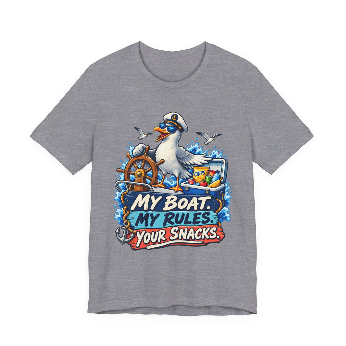 My Boat My Rules Your Snacks T-Shirt — Funny Nautical Seagull Captain Boating Tee