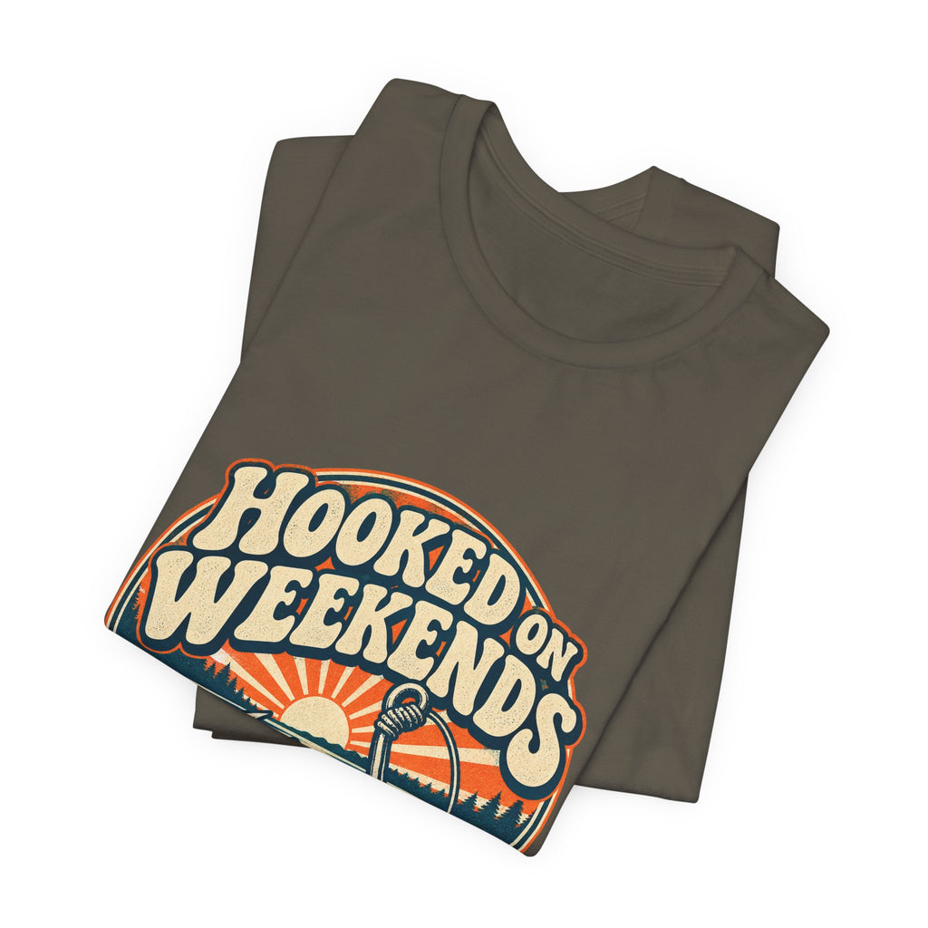 Hooked on Weekends Fishing T-Shirt — Vintage Lake Reel & Sunrise Tee