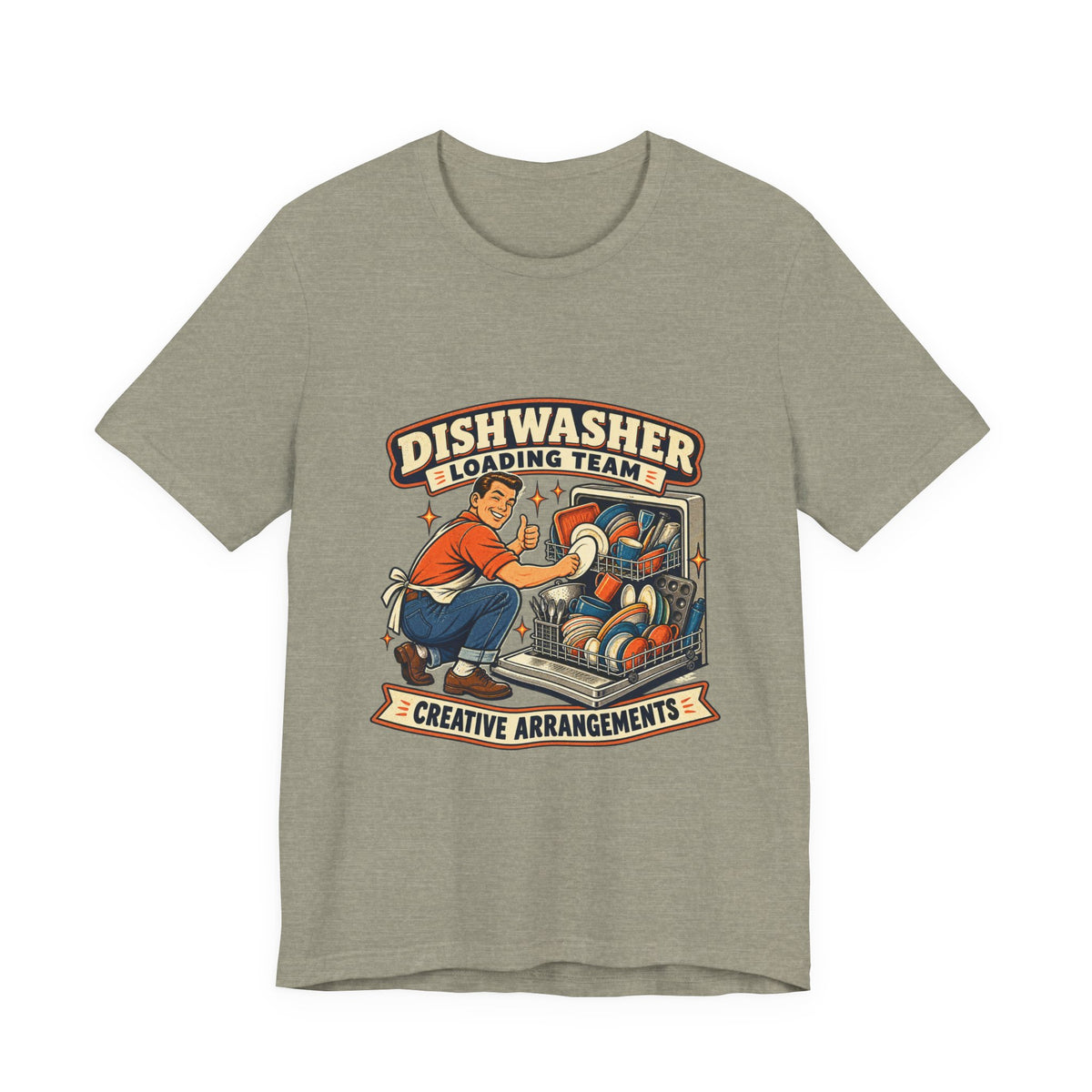 Dishwasher Loading Team T-Shirt, Creative Arrangements Retro Kitchen Humor Tee