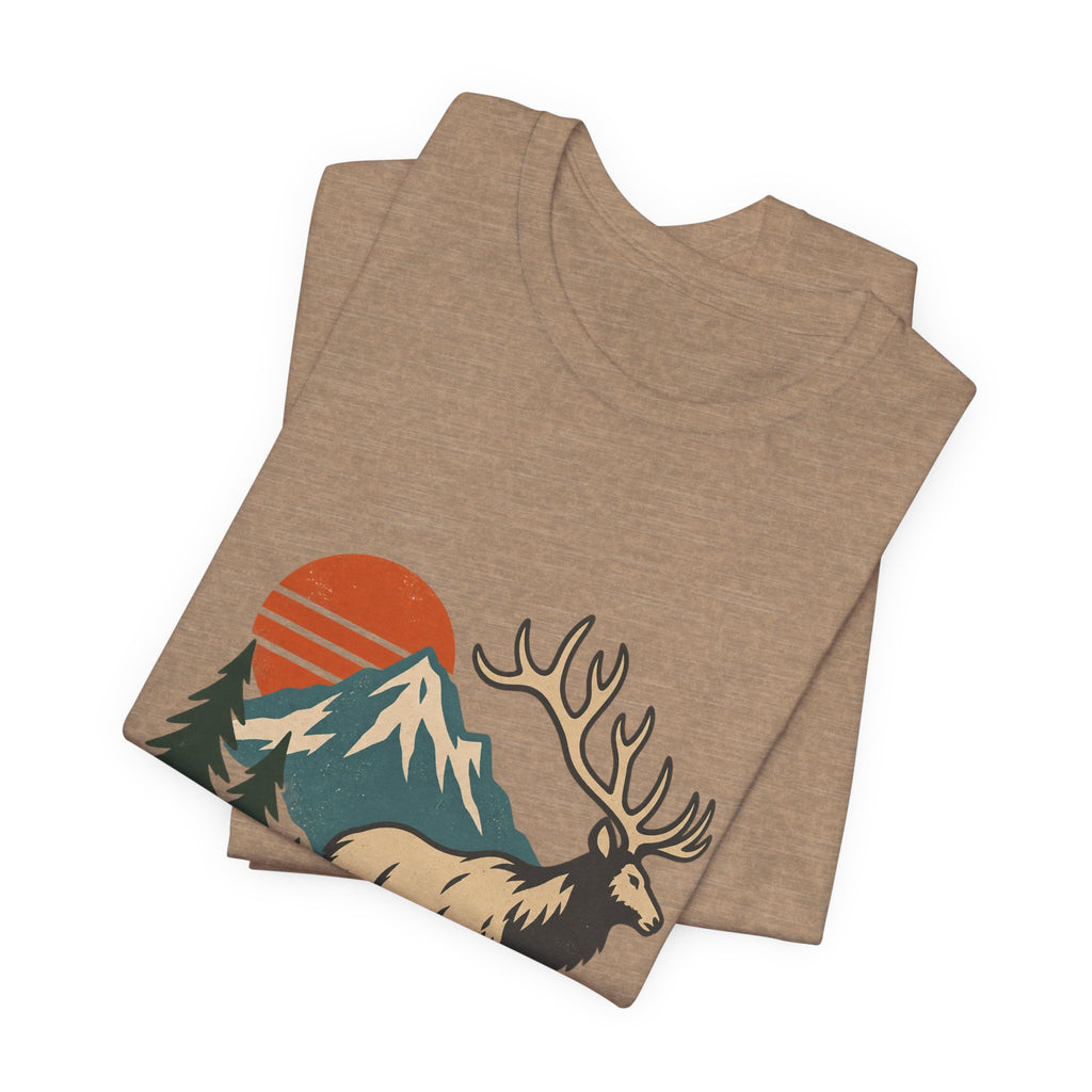 Vintage Elk Mountain T-Shirt, Retro Wilderness Deer and Pine Forest Graphic Tee