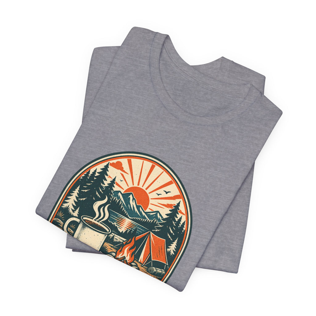 Happy Camper After Coffee T-Shirt — Vintage Camping Mug, Campfire & Mountain Tee