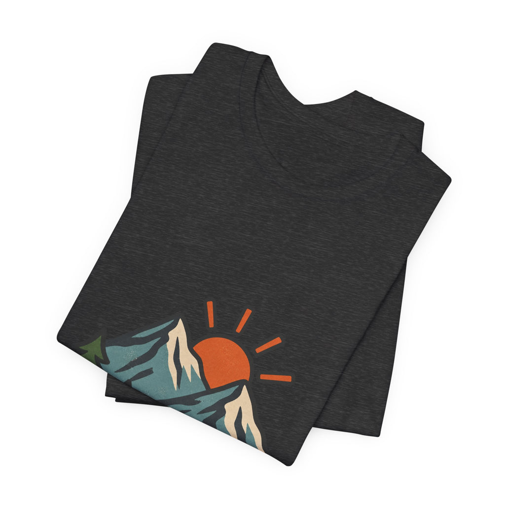 Vintage Mountain Sunrise T-Shirt — Retro Pine Trees, Scenic Hiking Trail & Outdoor Adventure Tee