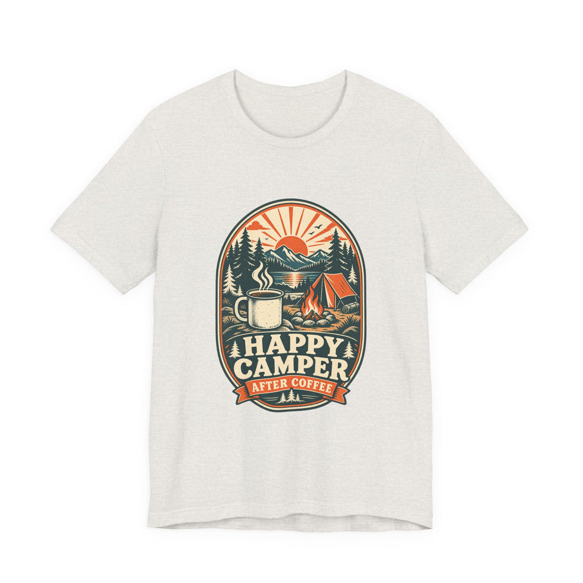 Happy Camper After Coffee T-Shirt — Vintage Camping Mug, Campfire & Mountain Tee