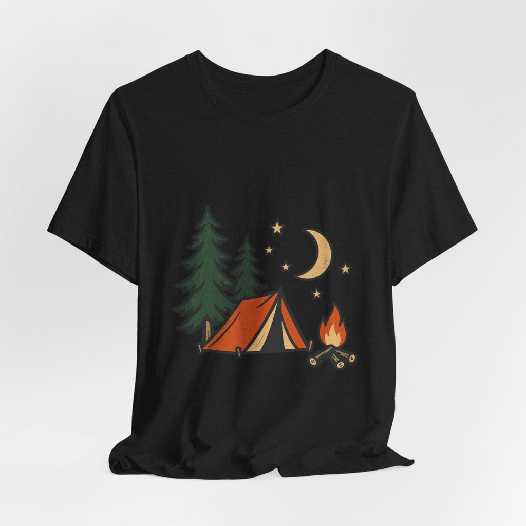 Vintage Camping Night T-Shirt with Tent, Campfire, Pine Trees, Moon and Stars