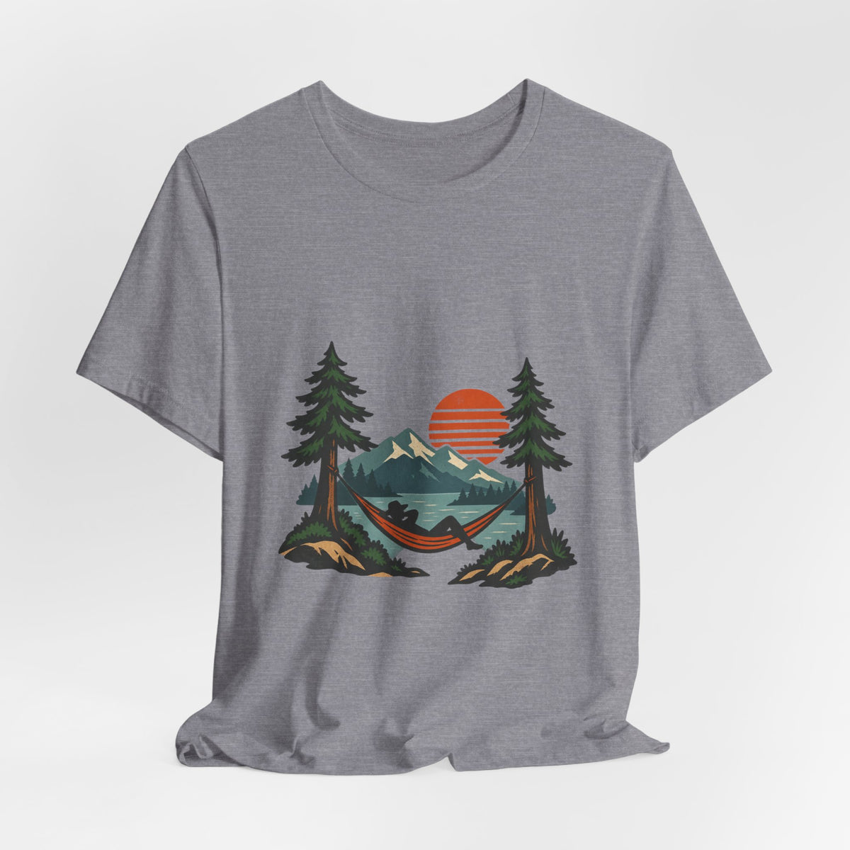 Vintage Hammock Sunset T-Shirt — Mountain Lake Camping and Outdoor Relaxation Tee