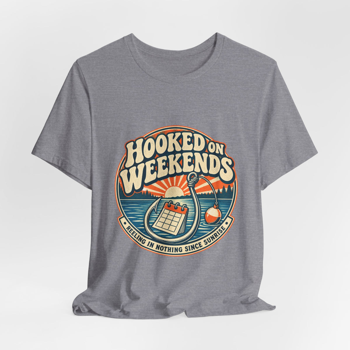 Hooked on Weekends Fishing T-Shirt — Vintage Lake Reel & Sunrise Tee