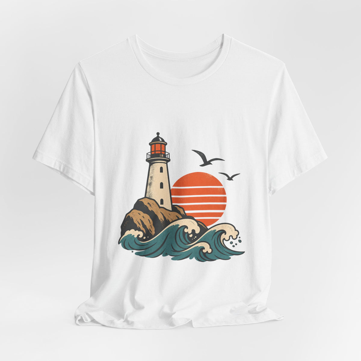 Vintage Coastal Lighthouse Sunset T-Shirt — Ocean Waves, Seagulls & Seaside Adventure