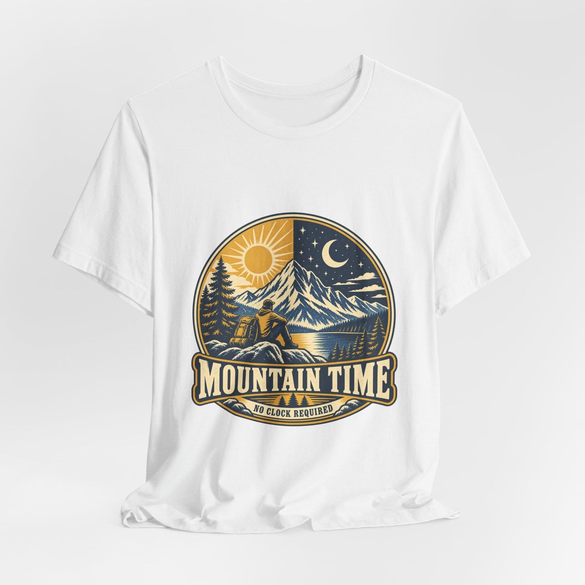 Mountain Time T-Shirt, No Clock Required Vintage Hiking Mountain Lake Tee