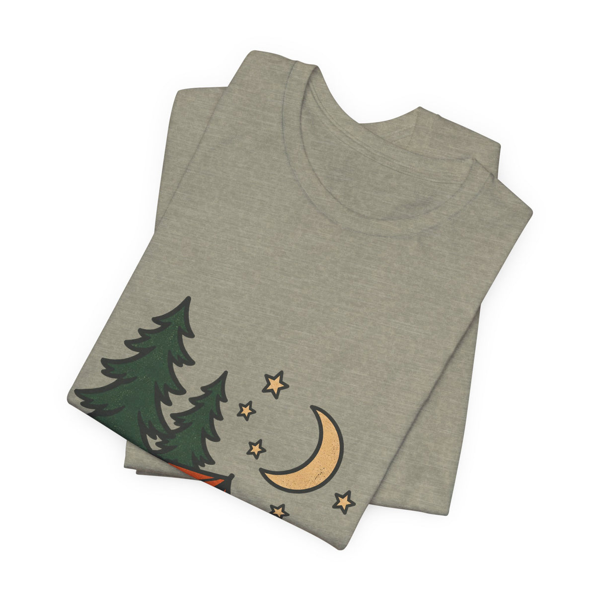 Vintage Camping Night T-Shirt with Tent, Campfire, Pine Trees, Moon and Stars