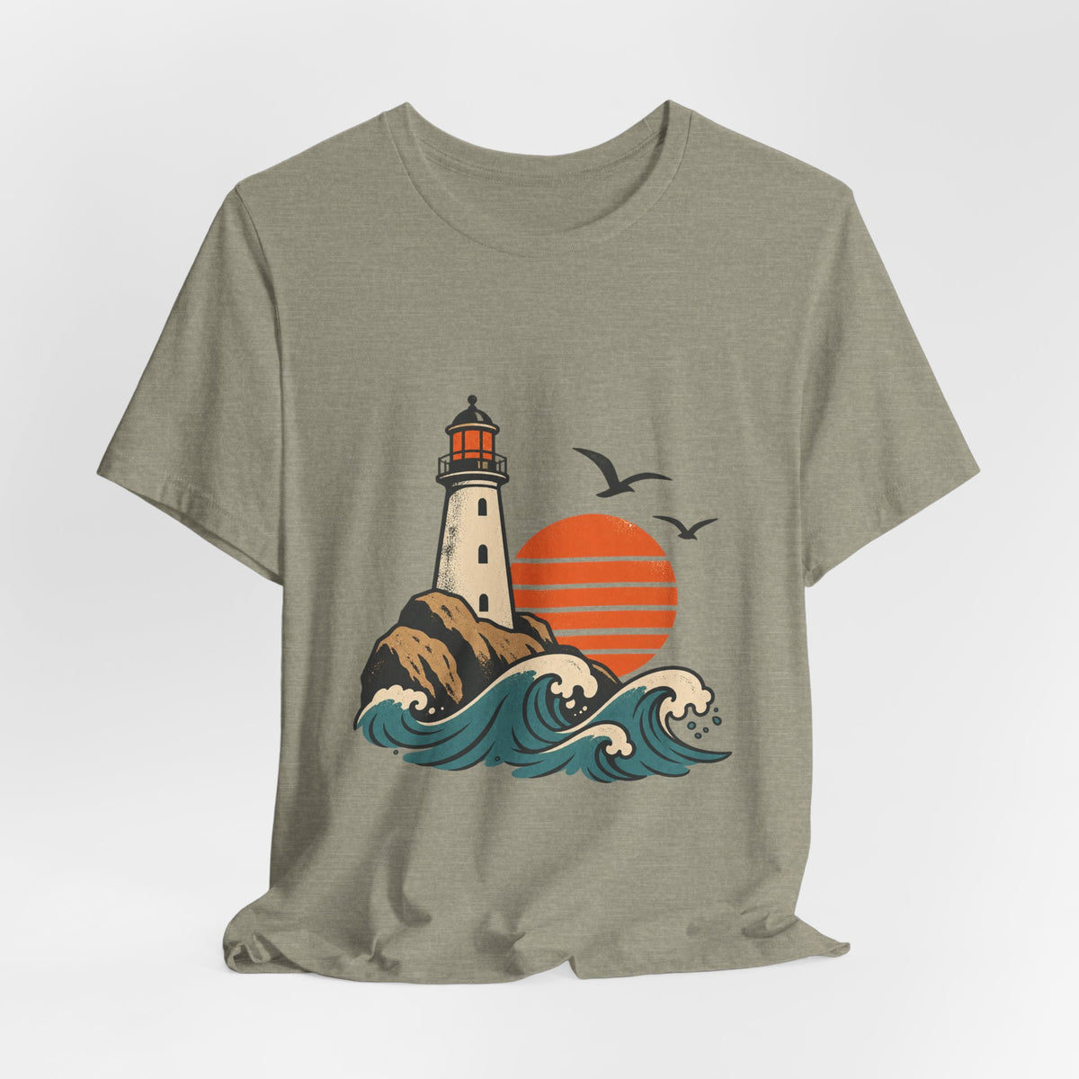 Vintage Coastal Lighthouse Sunset T-Shirt — Ocean Waves, Seagulls & Seaside Adventure