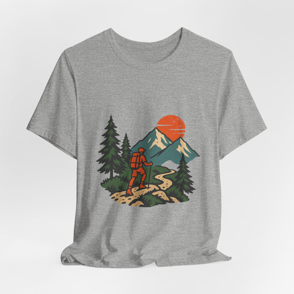 Retro Trail Hiker Mountain Sunset T-Shirt — Vintage Hiking Adventure Tee