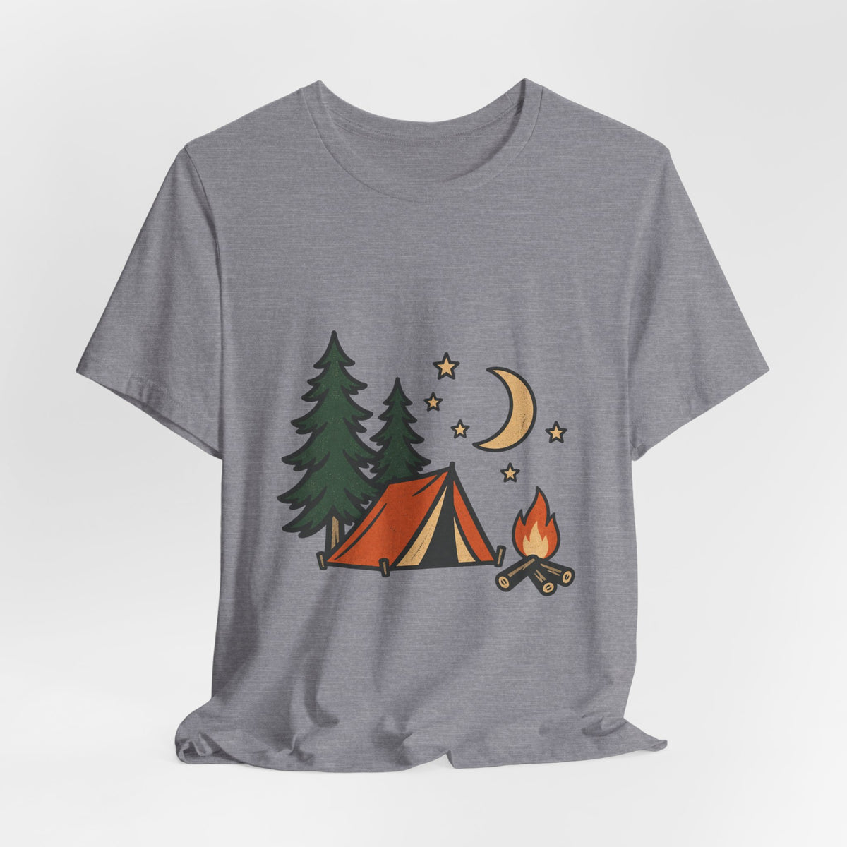 Vintage Camping Night T-Shirt with Tent, Campfire, Pine Trees, Moon and Stars