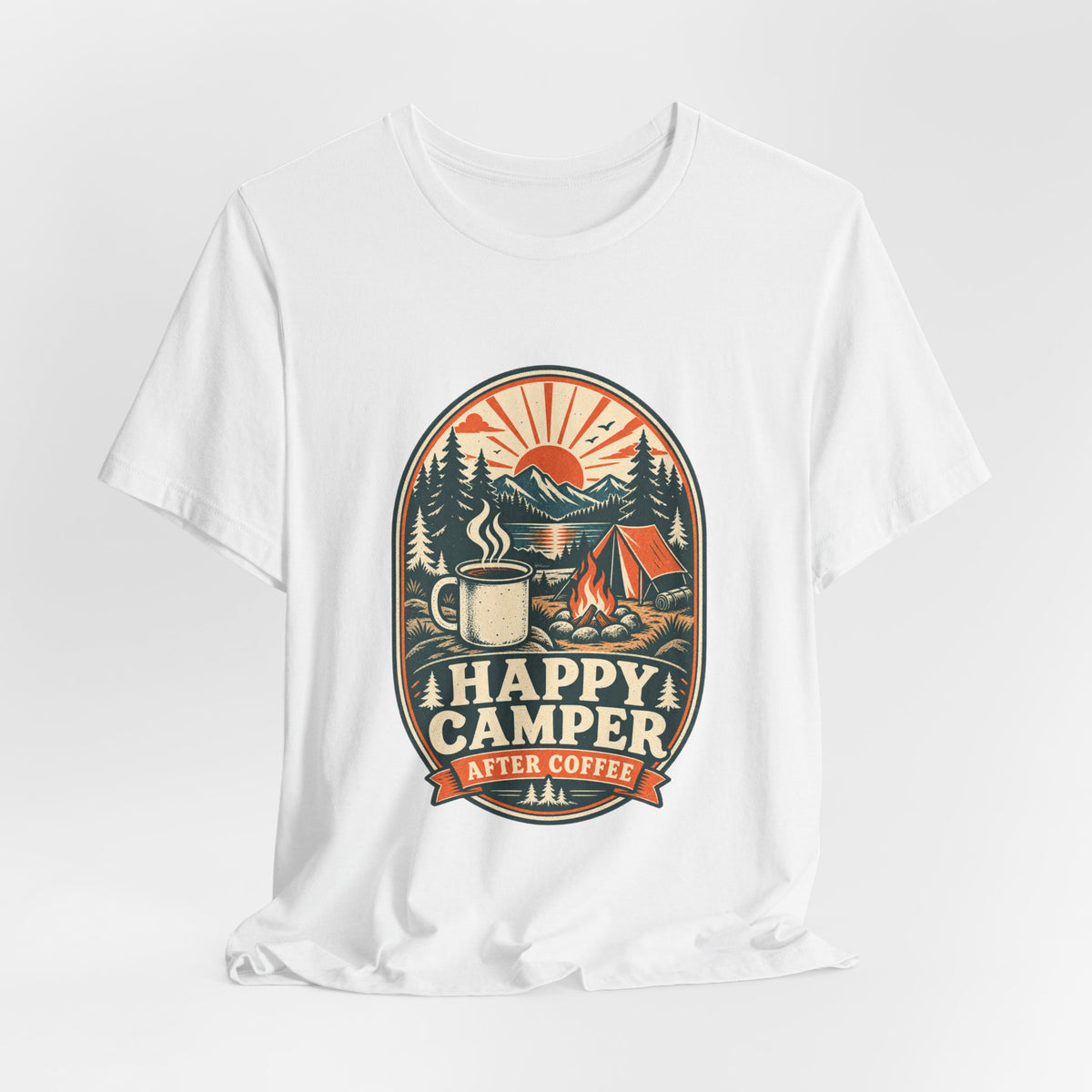 Happy Camper After Coffee T-Shirt — Vintage Camping Mug, Campfire & Mountain Tee