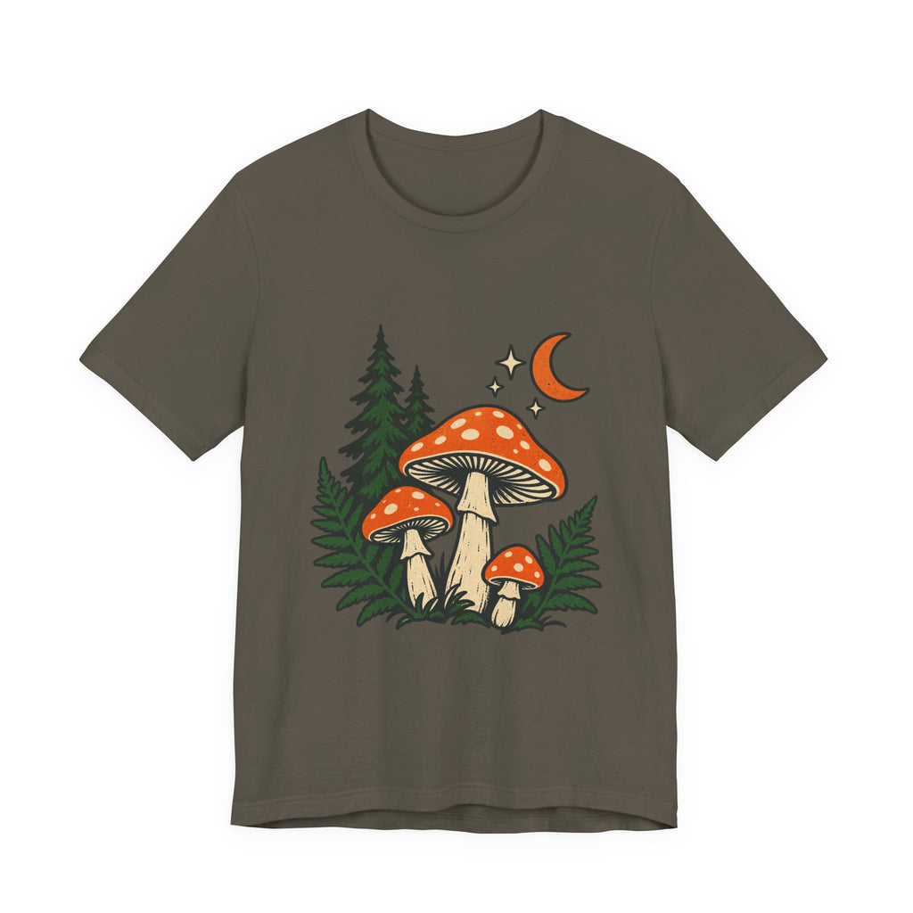 Vintage Mushroom Moon T-Shirt — Enchanted Forest Fungi Night Design