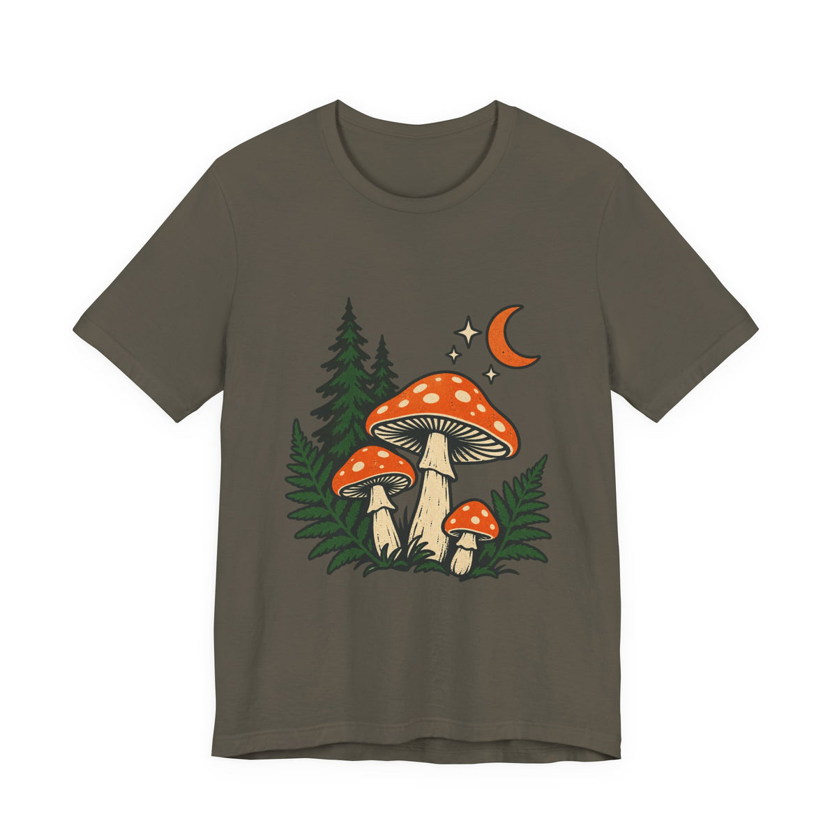 Vintage Mushroom Moon T-Shirt — Enchanted Forest Fungi Night Design