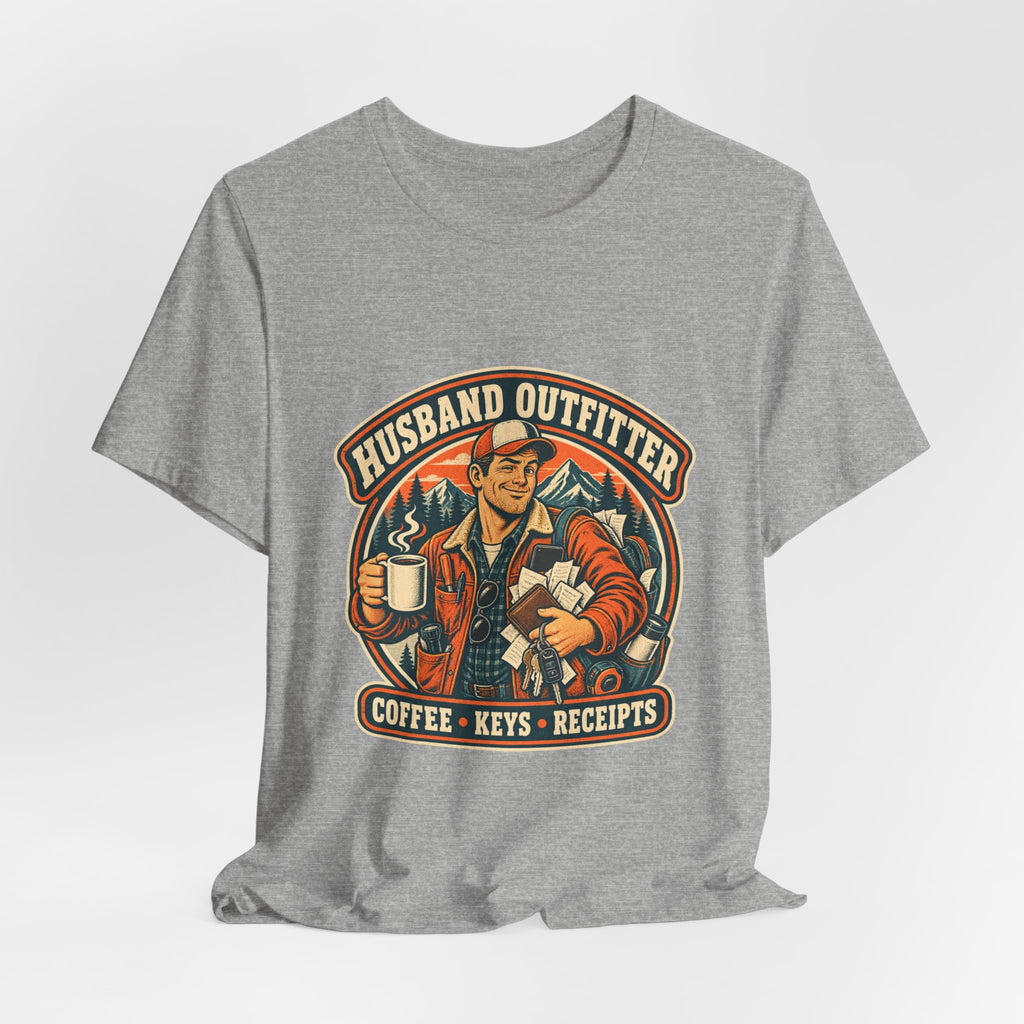 Husband Outfitter Coffee Keys Receipts T-Shirt — Retro Multitasker Husband Humor Tee