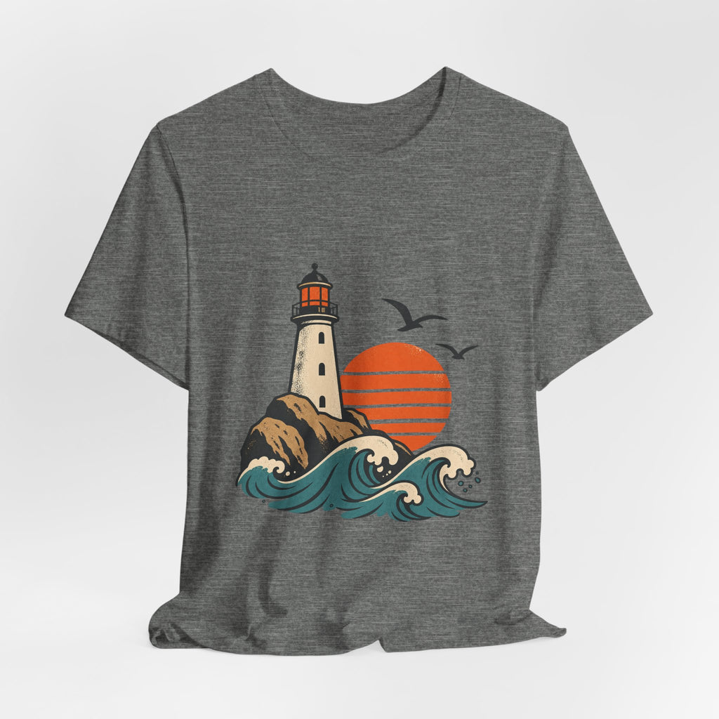 Vintage Coastal Lighthouse Sunset T-Shirt — Ocean Waves, Seagulls & Seaside Adventure