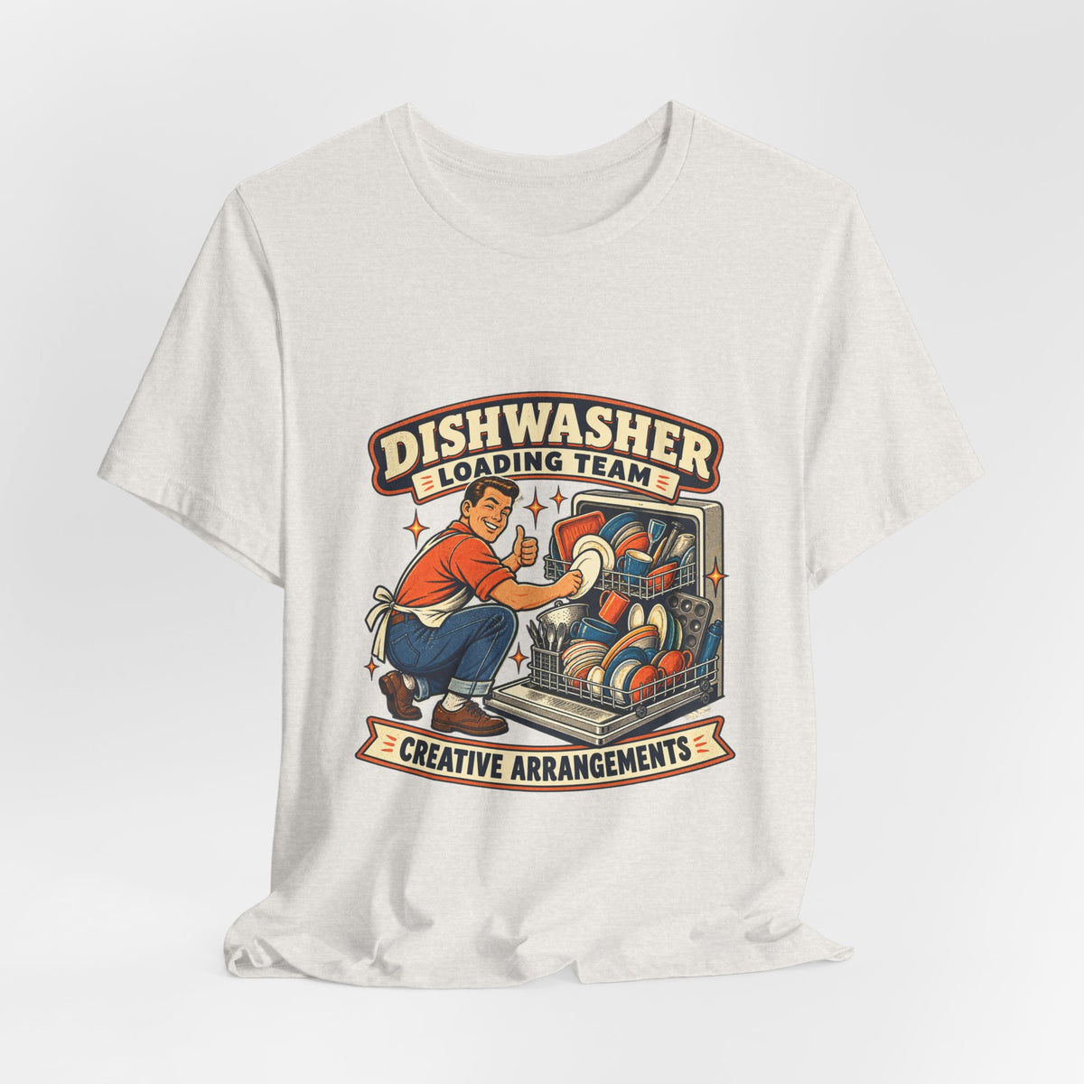 Dishwasher Loading Team T-Shirt, Creative Arrangements Retro Kitchen Humor Tee