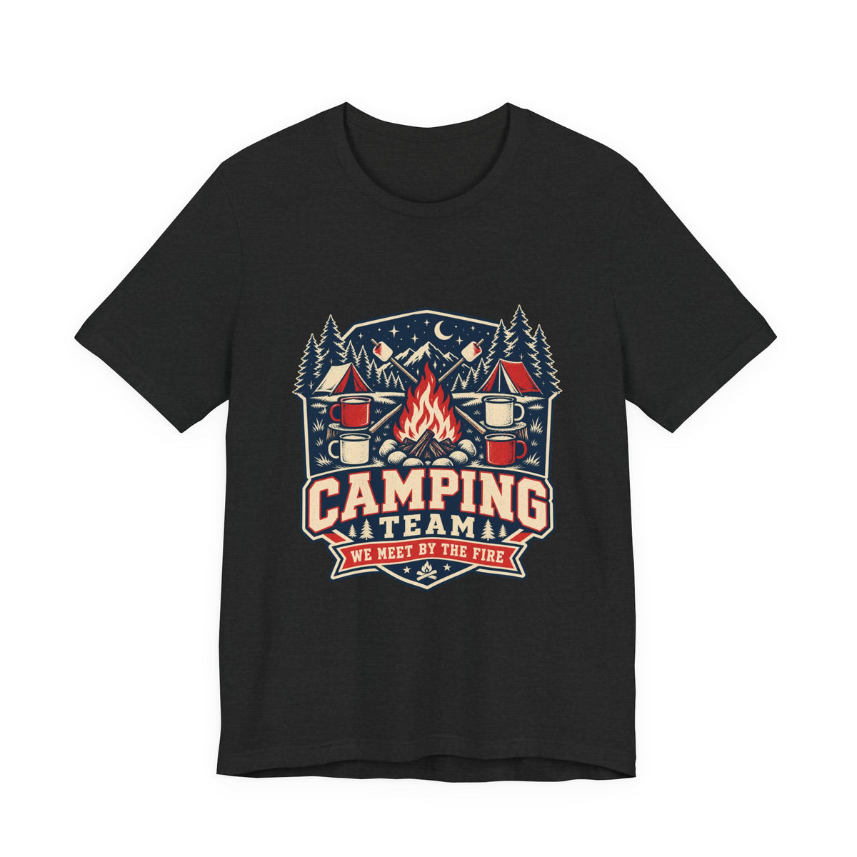 Camping Team T-Shirt — Vintage Campfire Adventure Tee with “We Meet by the Fire”