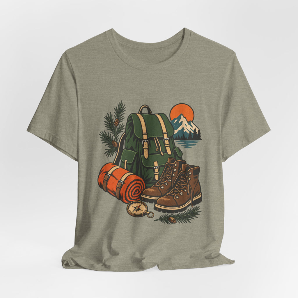 Vintage Hiking Adventure T-Shirt — Backpack, Boots, Compass and Mountain Camping Design