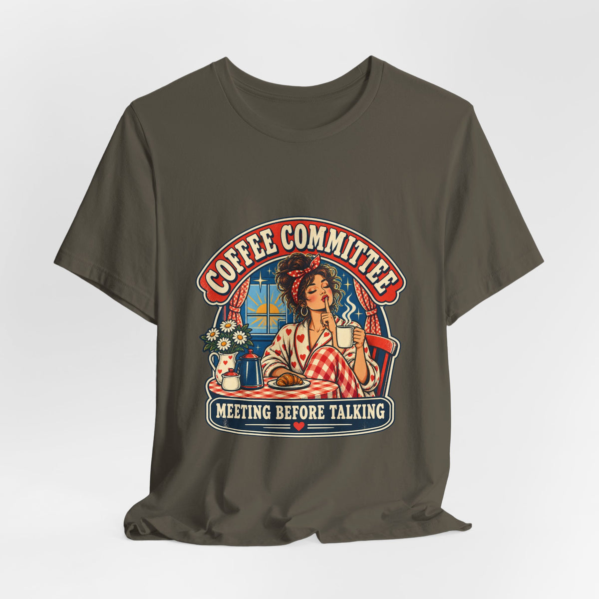 Coffee Committee T-Shirt, Meeting Before Talking Retro Coffee Lover Tee