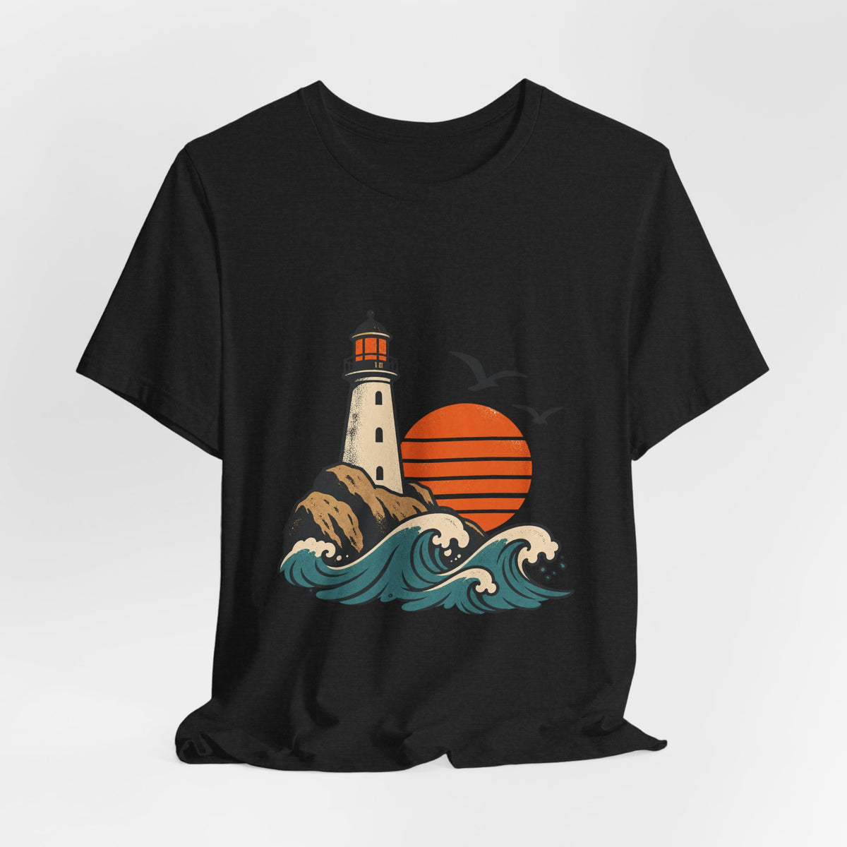 Vintage Coastal Lighthouse Sunset T-Shirt — Ocean Waves, Seagulls & Seaside Adventure