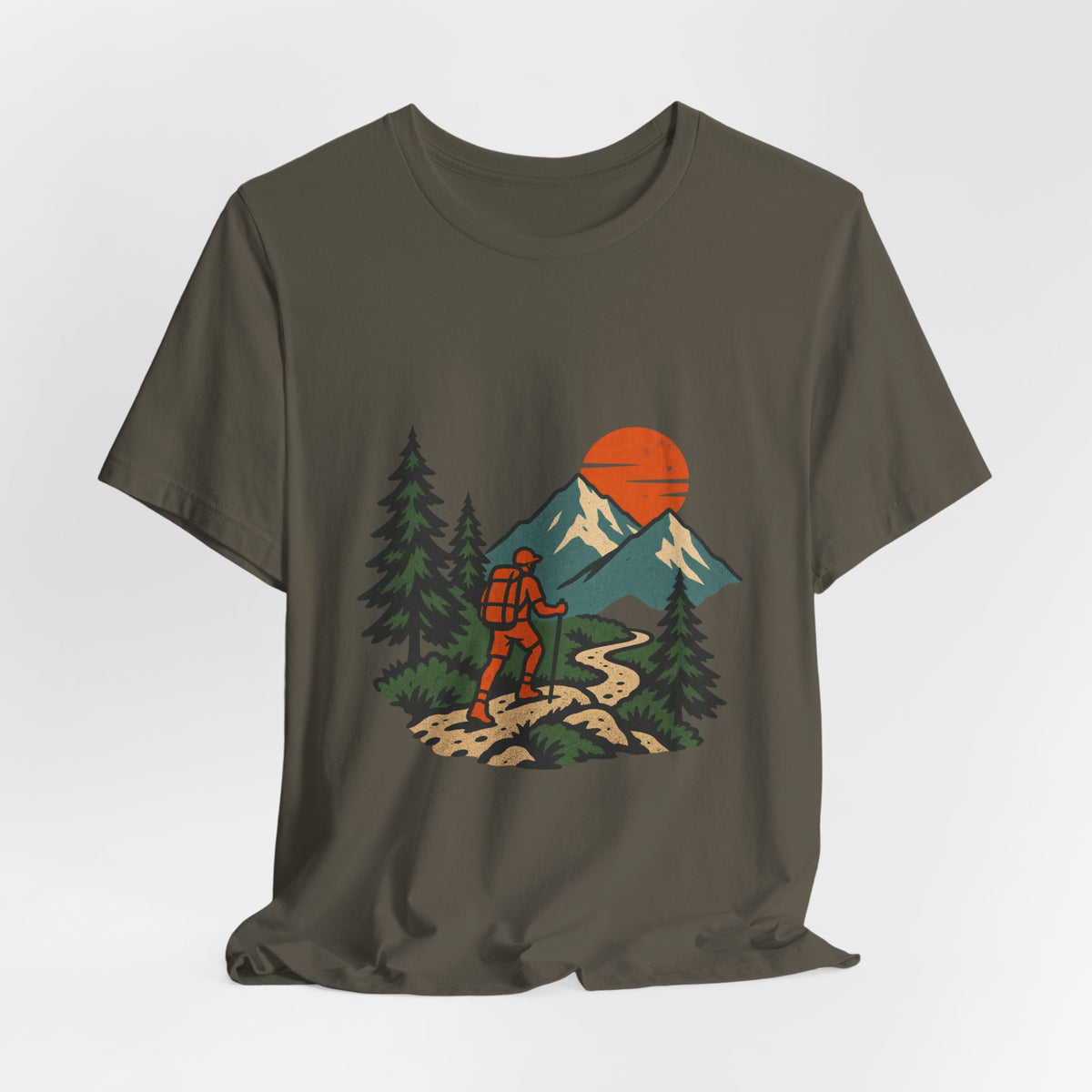 Retro Trail Hiker Mountain Sunset T-Shirt — Vintage Hiking Adventure Tee