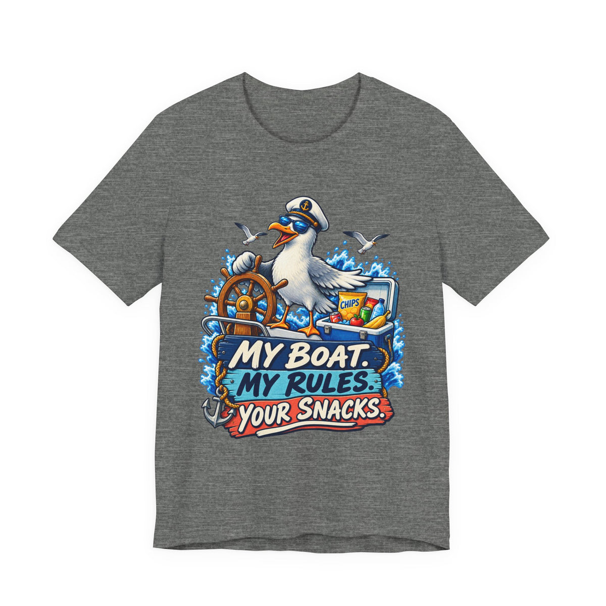 My Boat My Rules Your Snacks T-Shirt — Funny Nautical Seagull Captain Boating Tee
